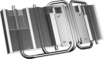  The rear of the heat sink, consisting of fins, heat pipes, and base plate  